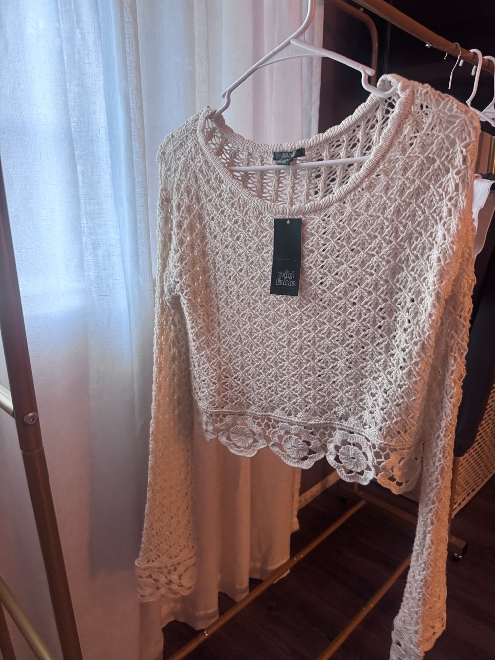wild fable Cream Crochet Lace Long-Sleeve Crop Sweater